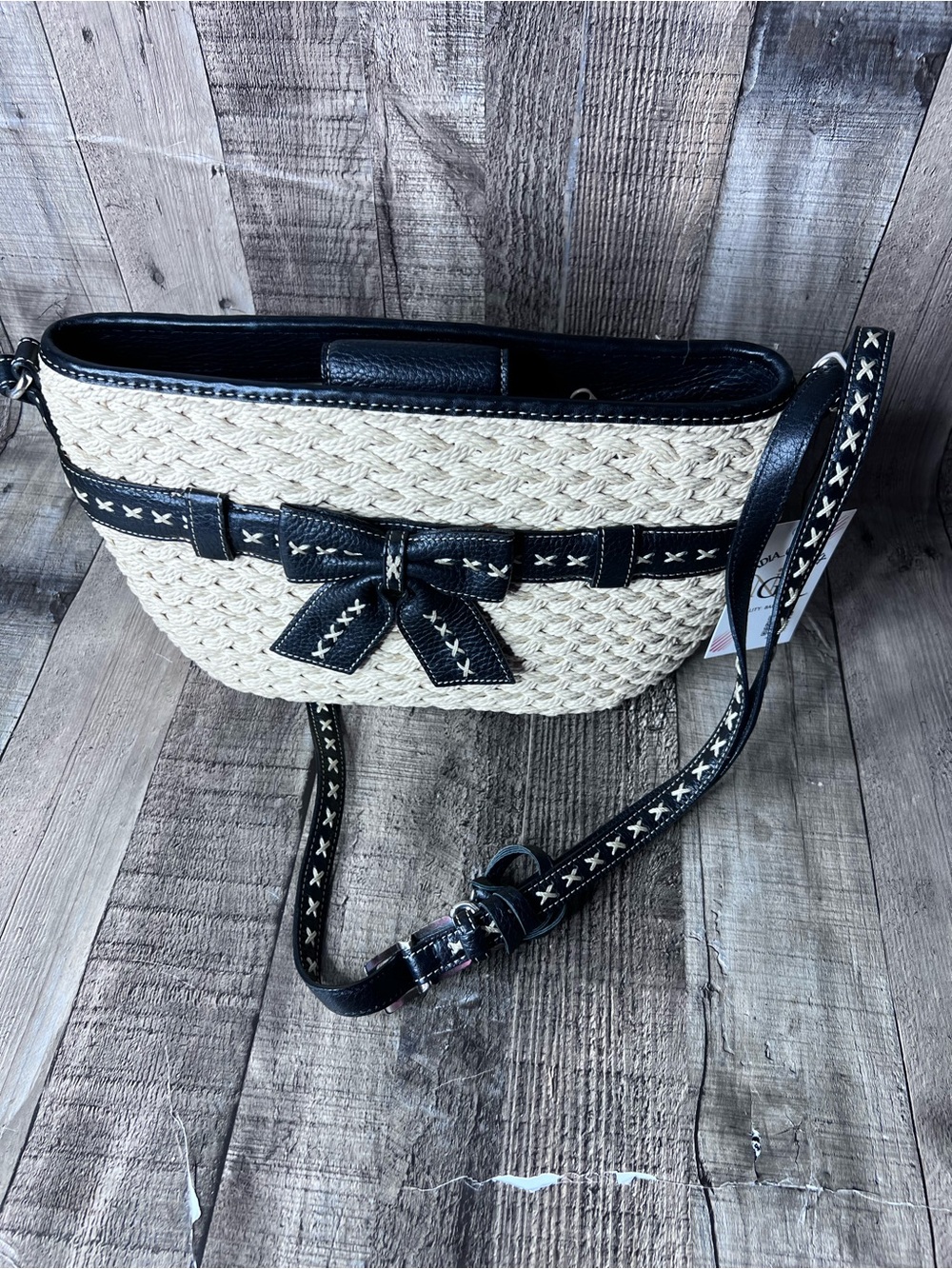 Brighton Ellery Black Leather & Woven Straw Shoulder Bag
